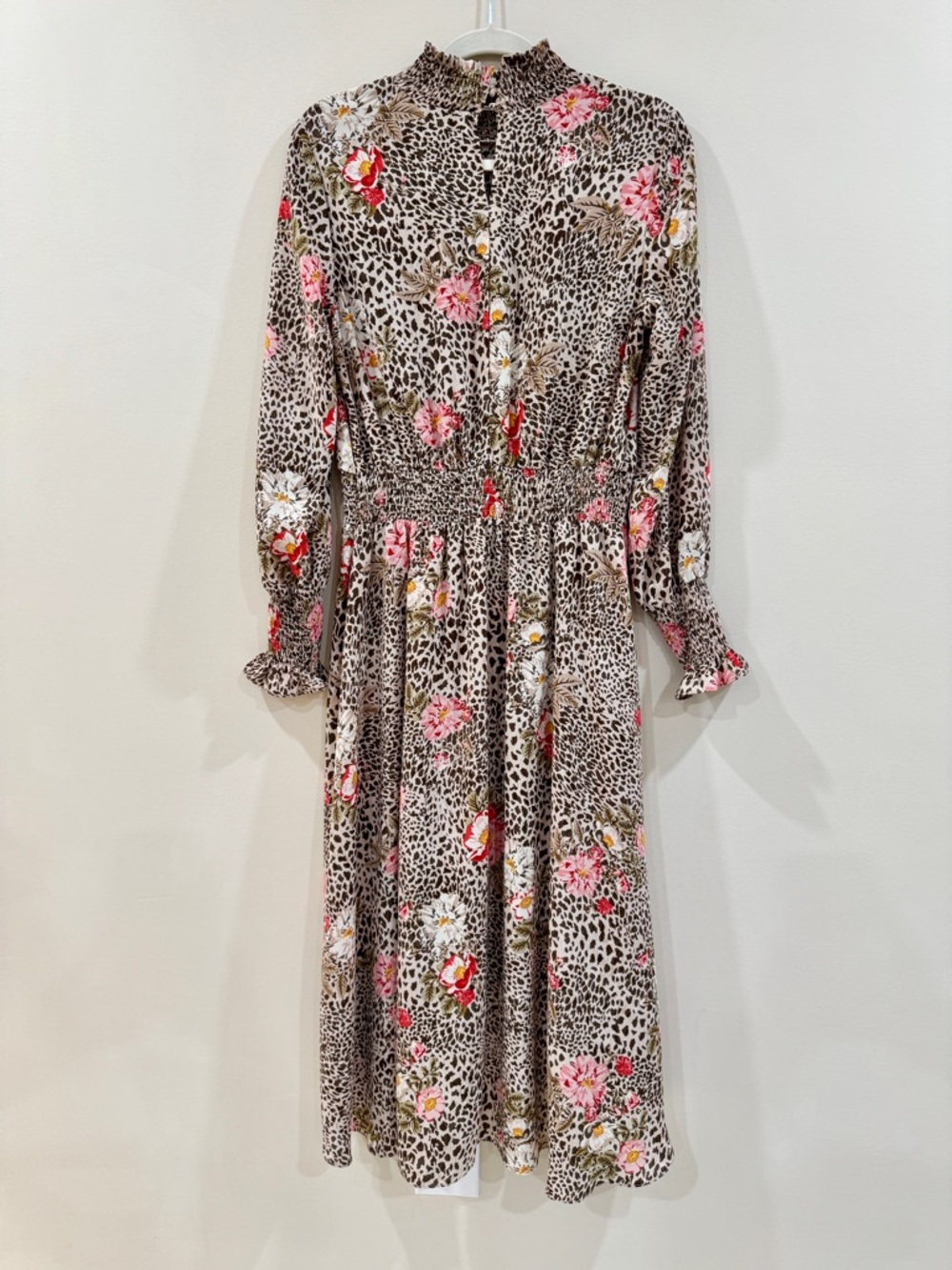 Nanette Lepore Smocked Foral Leopard Print Midi Dress Size 10 - Picture 8 of 9